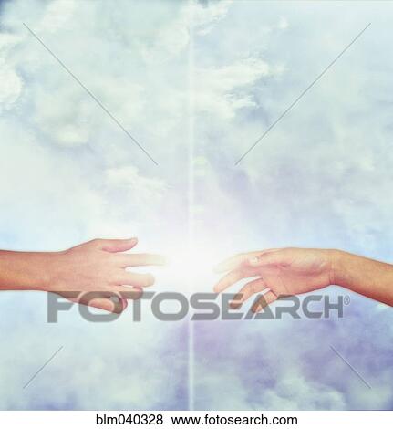 Stock Photo - Bright fingers touching in sky. Fotosearch