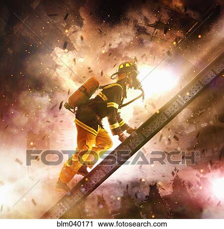 Caucasian firefighter climbing ladder View Large Photo Image Stock Image - Caucasian firefighter climbing ladder. Fotosearch