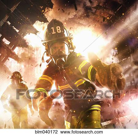 Caucasian firefighter reaching into burning building View Large Photo Image Stock Image - Caucasian firefighter reaching into burning building. Fotosearch