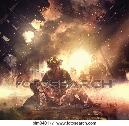 Stock Photo - Caucasian firefighter saving boy in burning building. Fotosearch