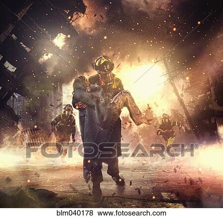 Caucasian firefighter saving boy in burning building View Large Photo Image Stock Photo - Caucasian firefighter saving boy in burning building. Fotosearch