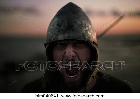 Stock Image - Caucasian soldier yelling. Fotosearch
