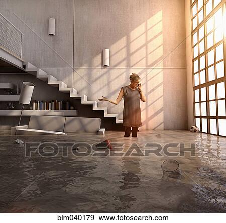 Stock Photo - Caucasian woman talking on cell phone in flooded house. Fotosearch