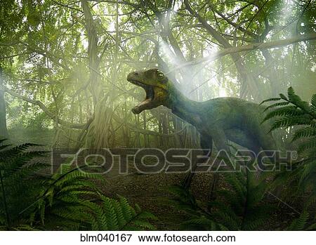 Dinosaur roaring in prehistoric jungle View Large Photo Image Stock Photo - Dinosaur roaring in prehistoric jungle. Fotosearch