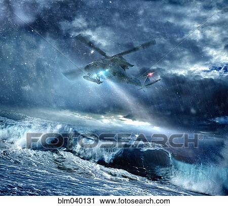 Stock Image - Helicopter flying over stormy seas. Fotosearch