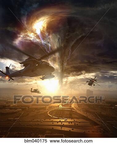 Helicopters flying around tornado in cityscape View Large Photo Image Stock Photography - Helicopters flying around tornado in cityscape. Fotosearch