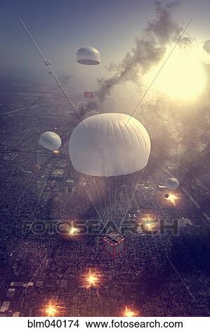 High angle view of packages parachuting over war zone View Large Photo Image Picture - High angle view of packages parachuting over war zone. Fotosearch
