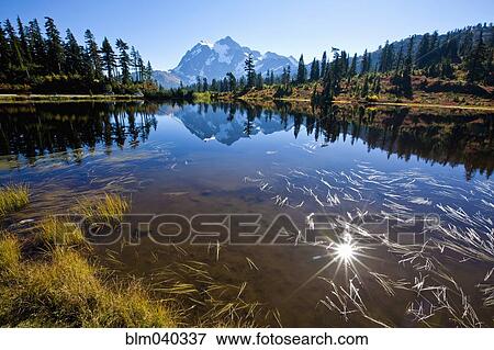 Mountain and hills reflecting in still lake View Large Photo Image Stock Photo - Mountain and hills reflecting in still lake. Fotosearch