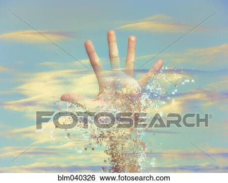 Pixelated hand dissolving in sky View Large Photo Image Stock Photograph - Pixelated hand dissolving in sky. Fotosearch