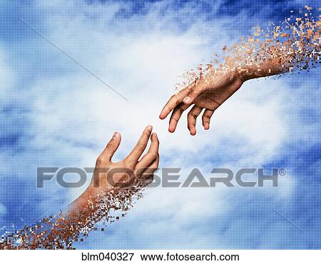 Stock Photo - Pixelated hands dissolving in sky. Fotosearch