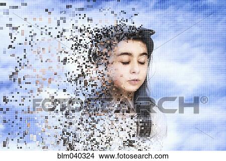 Pixelated mixed race girl dissolving in sky View Large Photo Image Picture - Pixelated mixed race girl dissolving in sky. Fotosearch