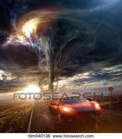 Sports car driving away from tornado View Large Photo Image Stock Photo - Sports car driving away from tornado. Fotosearch