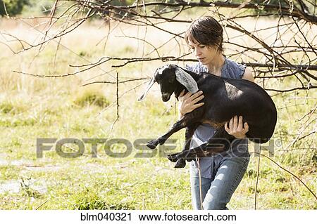 Stock Image - Woman carrying goat in field. Fotosearch