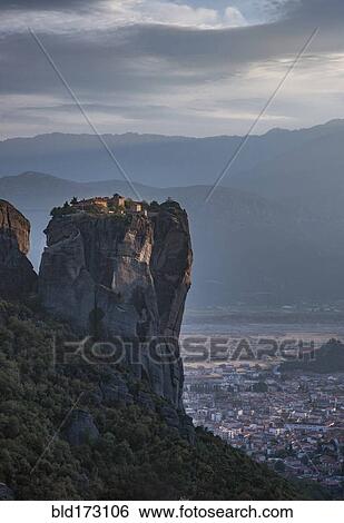Aerial view of mountain over Meteora cityscape, Kalambaka, Greece View Large Photo Image Stock Photograph - Aerial view of mountain over Meteora cityscape, Kalambaka, Greece. Fotosearch