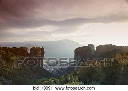 Stock Image - Aerial view of mountains and valley cityscape, Kalamabaka, Greece. Fotosearch