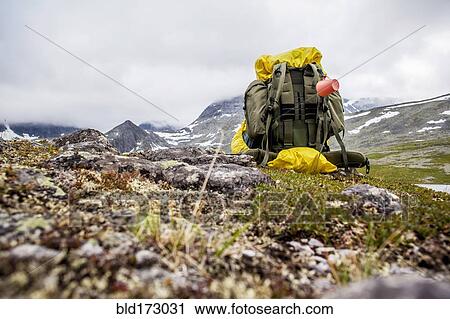 Stock Image - Backpack in mountain field. Fotosearch