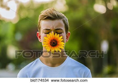 Picture - Caucasian teenage boy holding sunflower in mouth. Fotosearch