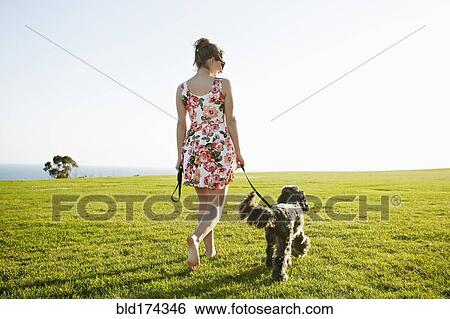 Stock Photograph - Caucasian woman walking dog in field. Fotosearch