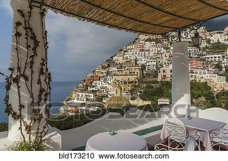 Stock Image - Gazebo overlooking Positano cityscape, Amalfi Peninsula, Italy. Fotosearch