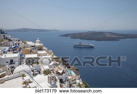 High angle view of cruise ship sailing at Santorini, Cyclades, Greece View Large Photo Image Stock Photo - High angle view of cruise ship sailing at Santorini, Cyclades, Greece. Fotosearch