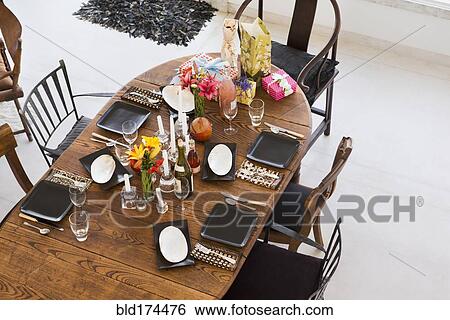 High angle view of dining room table View Large Photo Image Stock Photograph - High angle view of dining room table. Fotosearch