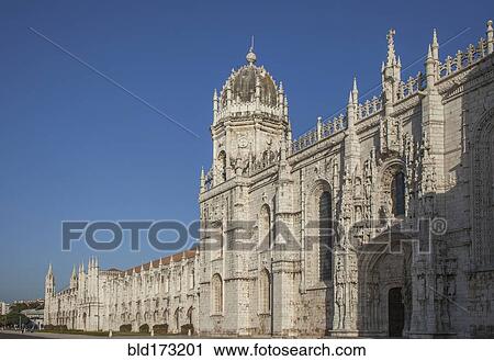 Stock Image - Jeronimos Monastery under blue sky, Lisbon, Extremadura, Portugal. Fotosearch