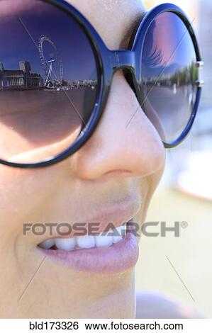 Stock Photograph - London Eye reflecting in sunglasses, Middlesex, United Kingdom. Fotosearch