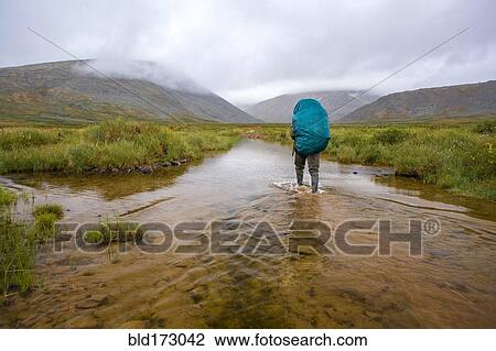 Stock Image - Mari backpacker walking in remote stream. Fotosearch