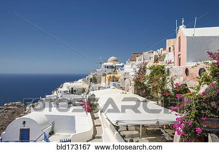 Stock Photo - Santorini cityscape under blue sky, Cyclades, Greece. Fotosearch