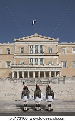 Stock Image - Soldiers guarding Parliament building, Athens, Greece. Fotosearch