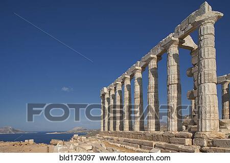 Temple of Poseidon ruins under blue sky, Cap Sunion, Greece View Large Photo Image Stock Photo - Temple of Poseidon ruins under blue sky, Cap Sunion, Greece. Fotosearch