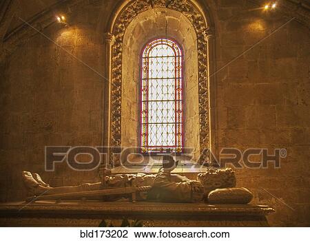Stock Image - Tomb of Luis de Camoes in Church of Santa Maria, Lisbon, Extremadura, Portugal. Fotosearch