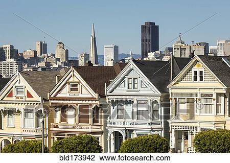 Stock Image - Victorian style homes in San Francisco cityscape, California, United States. Fotosearch