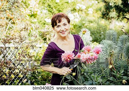 Stock Photography - Caucasian woman picking flowers in garden. Fotosearch
