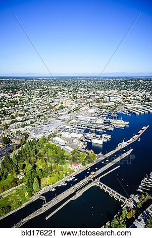 Stock Image - Aerial view of Ballard Locks in Seattle cityscape, Washington, United States. Fotosearch