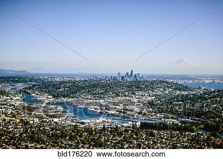 Stock Image - Aerial view of Seattle cityscape, Washington, United States. Fotosearch