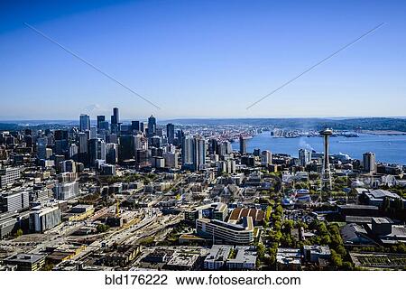 Stock Image - Aerial view of Seattle cityscape, Washington, United States. Fotosearch