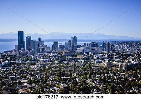 Stock Photo - Aerial view of Seattle cityscape, Washington, United States. Fotosearch