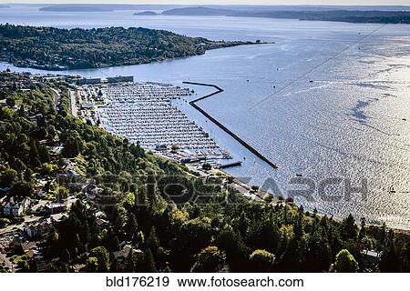 Stock Photo - Aerial view of Seattle marina, Washington, United States. Fotosearch