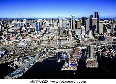 Stock Photography - Aerial view of Seattle waterfront and cityscape, Washington, United States. Fotosearch