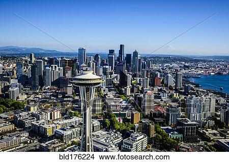 Aerial view of Space Needle in Seattle cityscape, Washington, United States View Large Photo Image Picture - Aerial view of Space Needle in Seattle cityscape, Washington, United States. Fotosearch