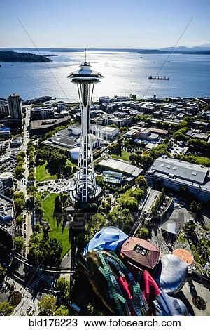 Aerial view of Space Needle in Seattle cityscape, Washington, United States View Large Photo Image Stock Image - Aerial view of Space Needle in Seattle cityscape, Washington, United States. Fotosearch