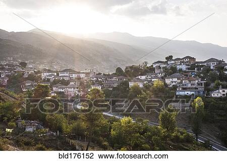 Stock Image - Aerial view of village in rural landscape. Fotosearch
