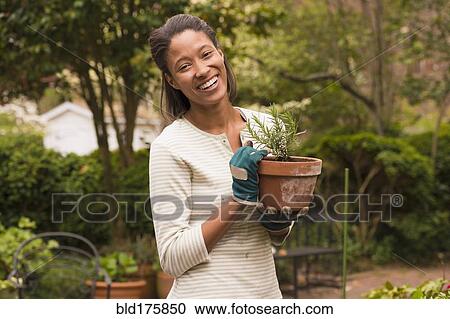 Stock Image - African American woman gardening in backyard. Fotosearch