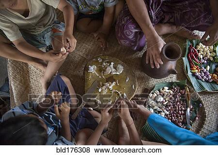 Stock Photo - Asian family eating on woven mat. Fotosearch