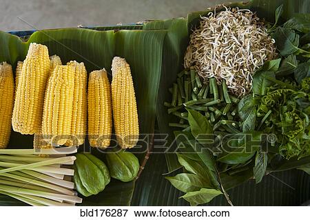 Close up of fresh corn, greens and herbs on counter View Large Photo Image Stock Photo - Close up of fresh corn, greens and herbs on counter. Fotosearch
