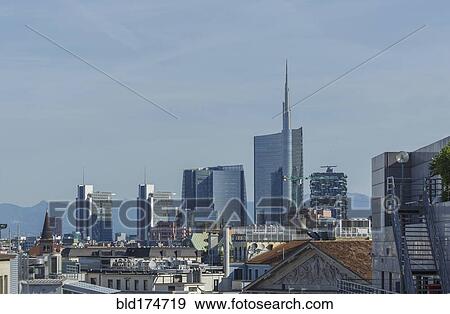 Stock Photo - Milan cityscape under blue sky, Lombardia, Italy. Fotosearch