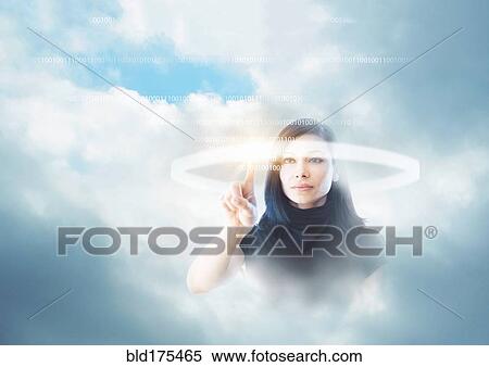 Stock Photography - Mixed race businesswoman in clouds. Fotosearch