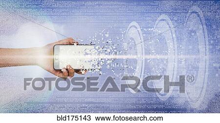 Stock Image - Mixed race girl holding transmitting cell phone. Fotosearch