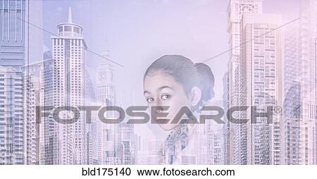 Mixed race girl over city skyline View Large Photo Image Stock Image - Mixed race girl over city skyline. Fotosearch
